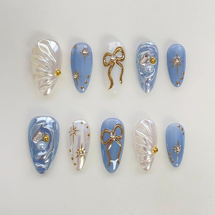 Blue Pearl Chrome 3D Bow Star Press-On Nails | Lush Tips