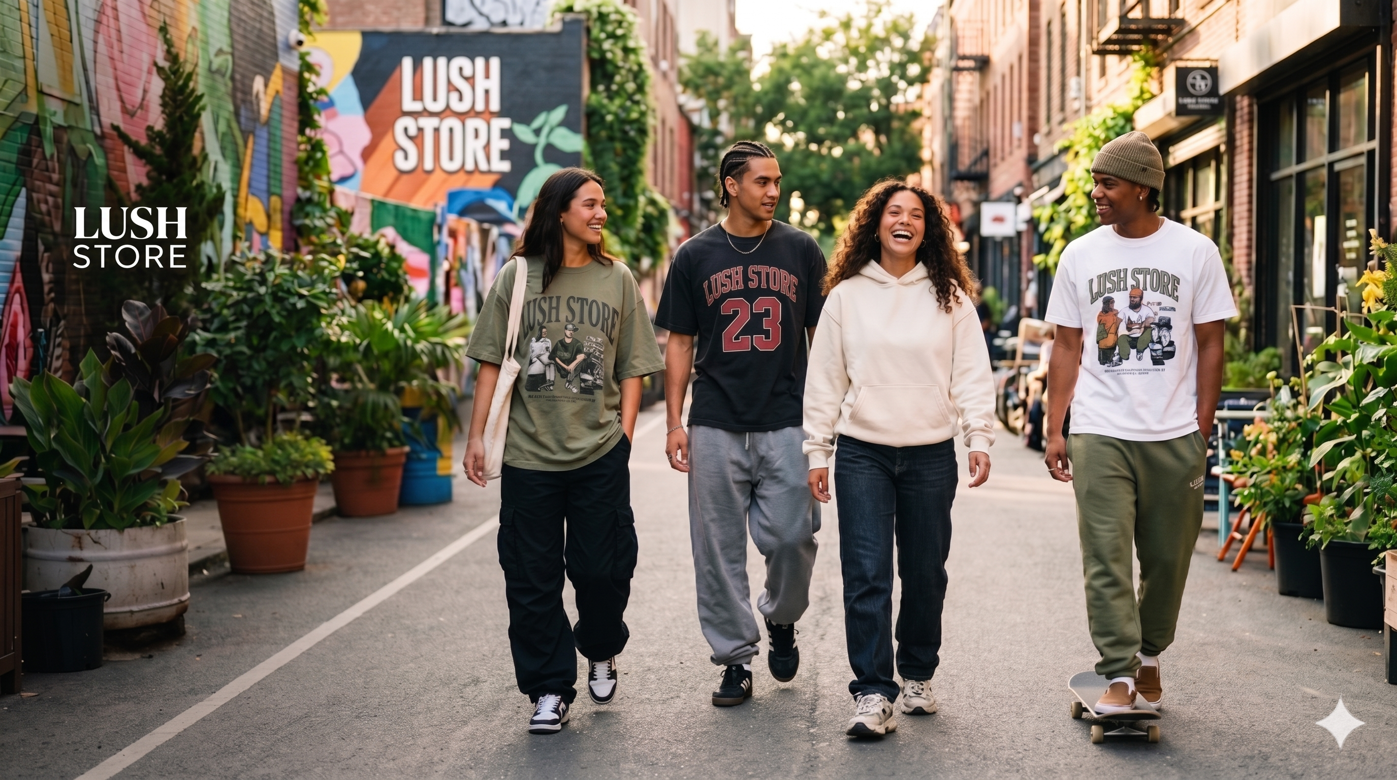 Four people walking on a street with 'Lush Store' branding in the background