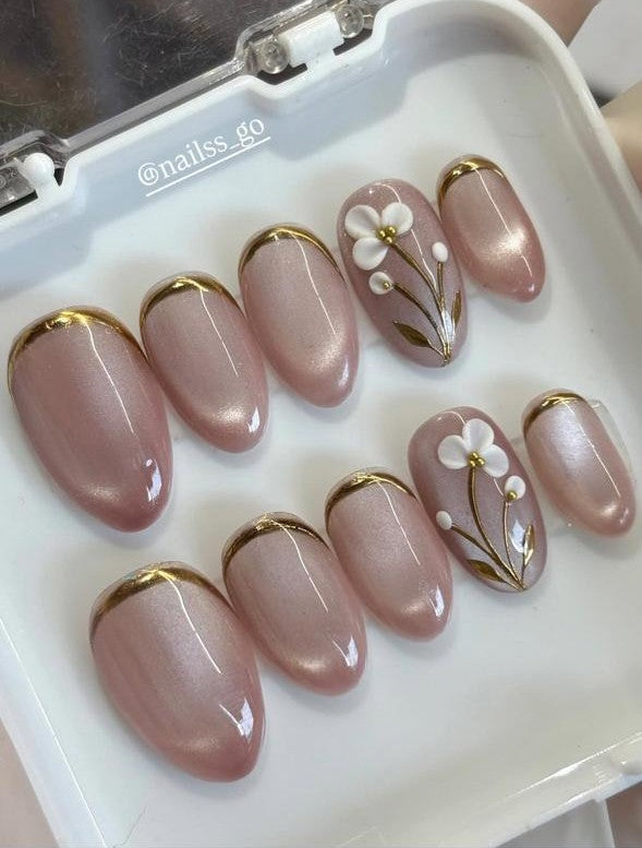 Golden Petal – Cat Eye Gold French Tip 3D Floral Press-On Nails | Lush Tips