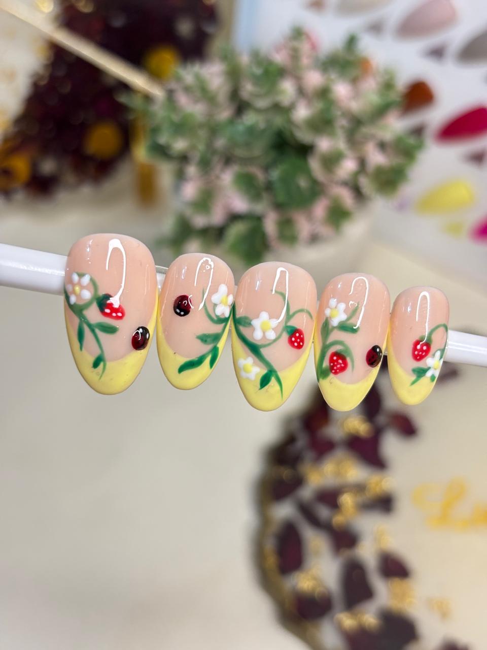 Berry Garden – Strawberry Ladybug French Tip Press-On Nails | Lush Tips